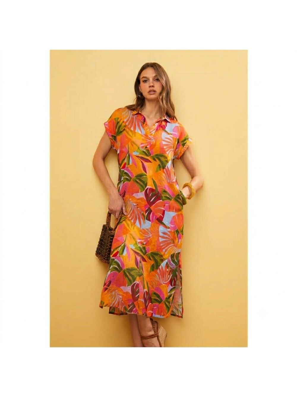C&C California Tropical Linen Blend Midi Dress S Resort Vacation Pockets Bold